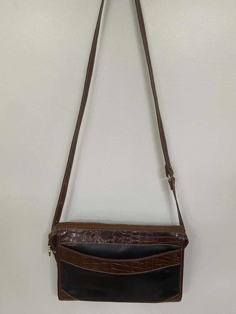 Brahmin Brown and Black Croc-Texture Leather Messenger Crossbody